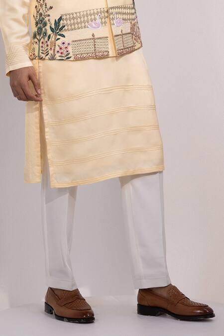 Yoseba_Yellow Linen, Satin, Cotton Embroidery Rangrez Saaz Nehru Jacket Set _Online_at_Aza_Fashions