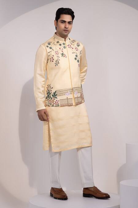 Shop_Yoseba_Yellow Linen, Satin, Cotton Embroidery Rangrez Saaz Nehru Jacket Set _Online_at_Aza_Fashions