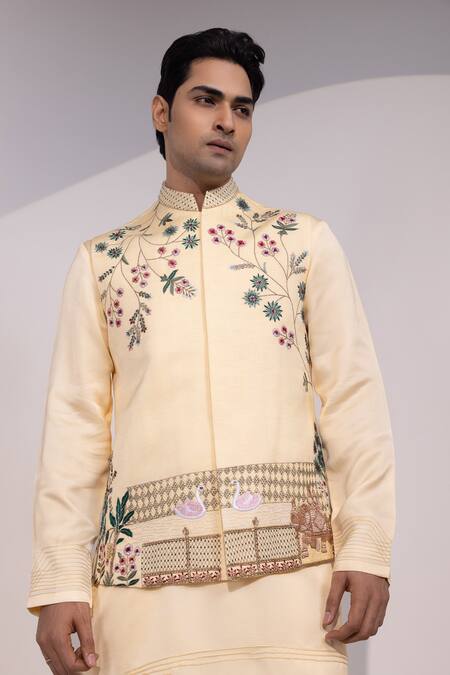 Buy_Yoseba_Yellow Linen, Satin, Cotton Embroidery Rangrez Saaz Nehru Jacket Set 