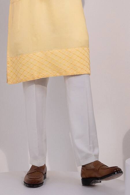 Yoseba Yellow Linen, Satin, Cotton Embroidery Pastel Cuff And Hem Kurta Pyjama Set Online at Aza Fashions Yoseba_Yellow Linen, Satin, Cotton Embroidery Pastel Cuff And Hem Kurta Pyjama Set _Online_at_Aza_Fashions