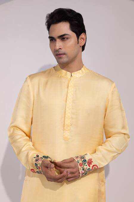 Buy Yoseba Yellow Linen, Satin, Cotton Embroidery Pastel Cuff And Hem Kurta Pyjama Set Online at Aza Fashions Buy_Yoseba_Yellow Linen, Satin, Cotton Embroidery Pastel Cuff And Hem Kurta Pyjama Set _Online_at_Aza_Fashions