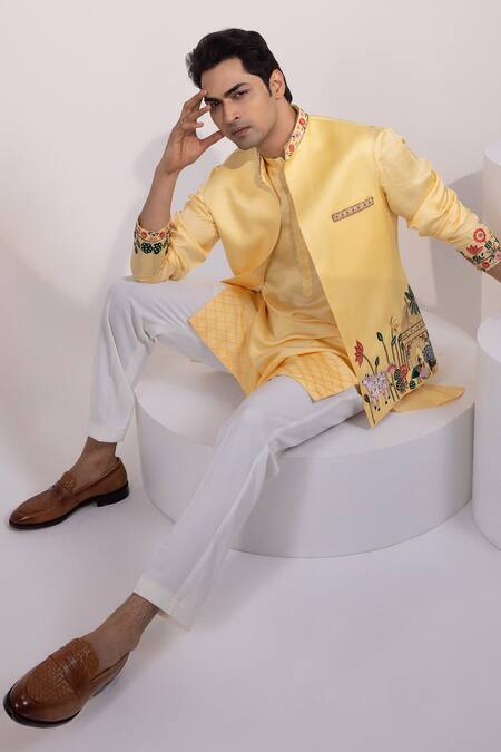 Shop Yoseba Yellow Linen, Satin Embroidery Amaltas Baagh Thread Nehru Jacket Online at Aza Fashions Shop_Yoseba_Yellow Linen, Satin Embroidery Amaltas Baagh Thread Nehru Jacket _Online_at_Aza_Fashions