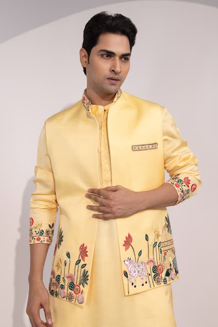 Yoseba Amaltas Baagh Thread Embroidered Nehru Jacket 