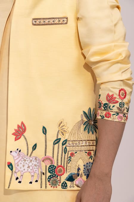 Yoseba Yellow Linen, Satin Embroidery Amaltas Baagh Thread Nehru Jacket at Aza Fashions Yoseba_Yellow Linen, Satin Embroidery Amaltas Baagh Thread Nehru Jacket _at_Aza_Fashions