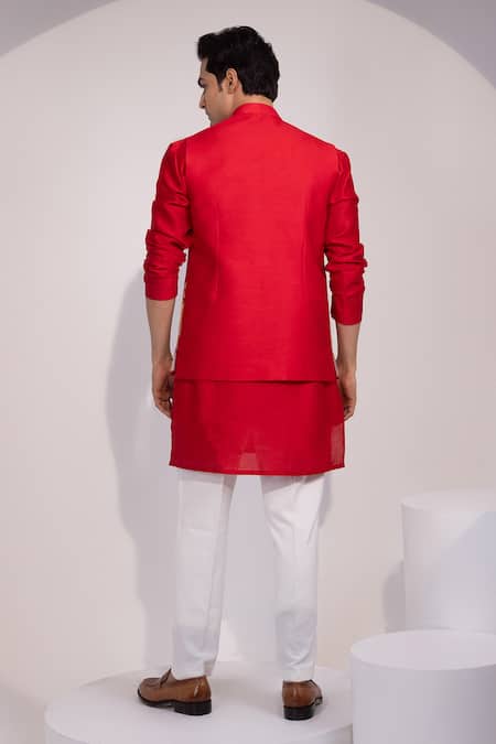 Yoseba Meher Laal Chanderi Floral & Nature Embroidered Nehru Jacket 