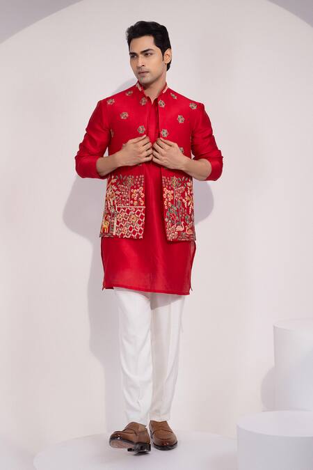 Yoseba_Red Chanderi Embroidery Meher Laal Floral And Nature Nehru Jacket _Online_at_Aza_Fashions