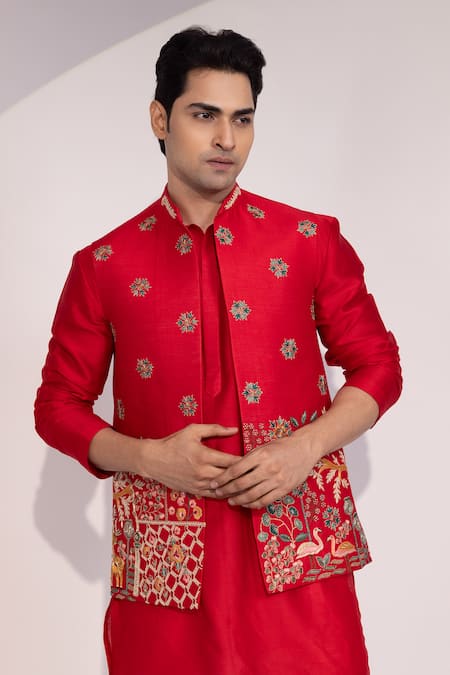 Yoseba Meher Laal Chanderi Floral & Nature Embroidered Nehru Jacket 