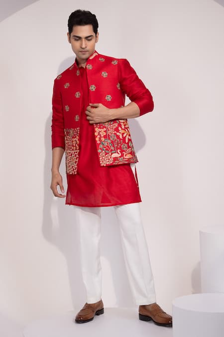 Yoseba_Red Chanderi Embroidery Meher Laal Floral And Nature Nehru Jacket _at_Aza_Fashions