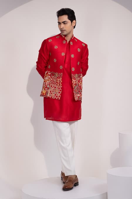 Buy_Yoseba_Red Chanderi, Cotton Embroidery Meher Laal Nehru Jacket Set _Online_at_Aza_Fashions