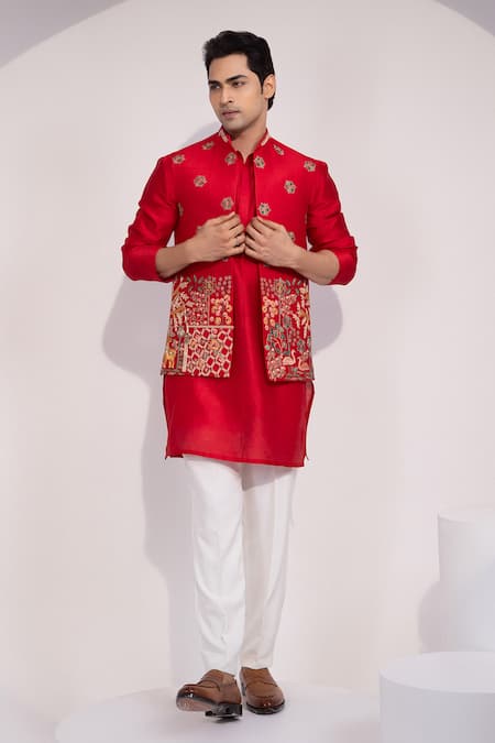 Shop_Yoseba_Red Chanderi, Cotton Embroidery Meher Laal Nehru Jacket Set _Online_at_Aza_Fashions