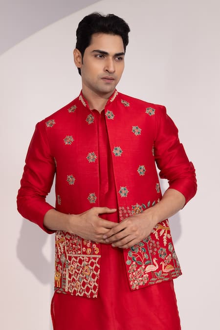 Yoseba_Red Chanderi, Cotton Embroidery Meher Laal Nehru Jacket Set _at_Aza_Fashions