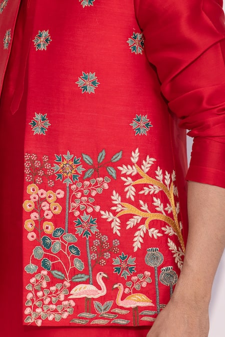Buy_Yoseba_Red Chanderi, Cotton Embroidery Meher Laal Nehru Jacket Set 