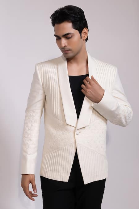 Yoseba_Off White Embroidery Blazer And Trouser Set _at_Aza_Fashions