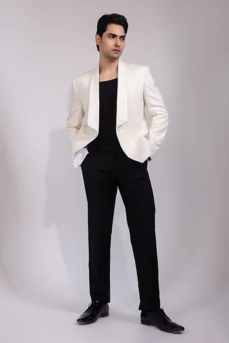 Yoseba White Textured Textured Blazer & Trouser Set 