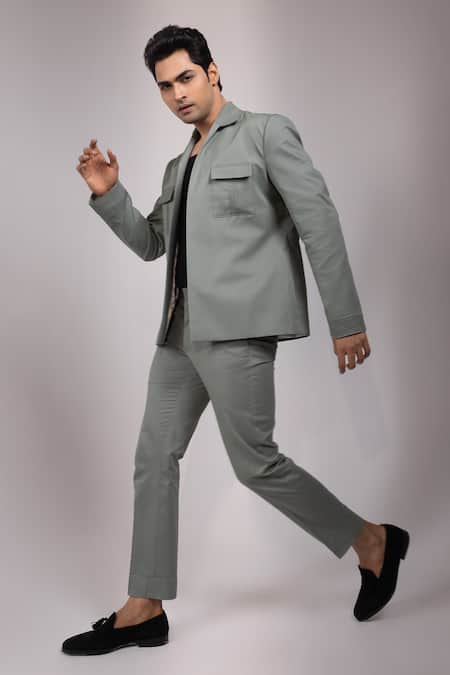 Buy_Yoseba_Green Embroidery Raakhshyam Textured Detailing Jacket And Trouser Set _Online_at_Aza_Fashions