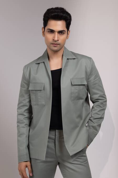 Shop_Yoseba_Green Embroidery Raakhshyam Textured Detailing Jacket And Trouser Set _Online_at_Aza_Fashions