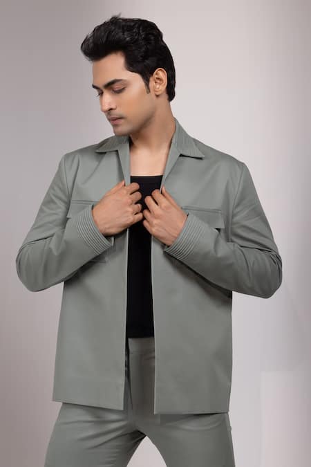 Yoseba_Green Embroidery Raakhshyam Textured Detailing Jacket And Trouser Set _at_Aza_Fashions