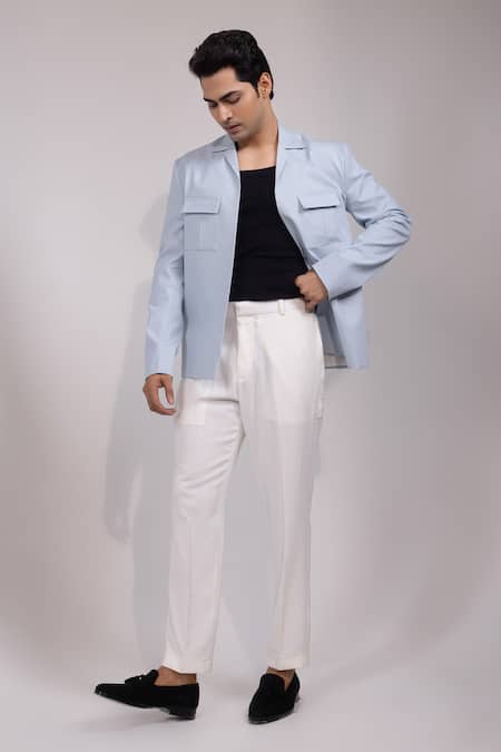 Buy Yoseba Sky Blue Neelvastra Structured Collar Jacket And Trouser Set Online at Aza Fashions Buy_Yoseba_Sky Blue Neelvastra Structured Collar Jacket And Trouser Set _Online_at_Aza_Fashions