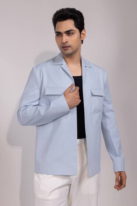 Yoseba Sky Blue Neelvastra Structured Collar Jacket And Trouser Set at Aza Fashions Yoseba_Sky Blue Neelvastra Structured Collar Jacket And Trouser Set _at_Aza_Fashions
