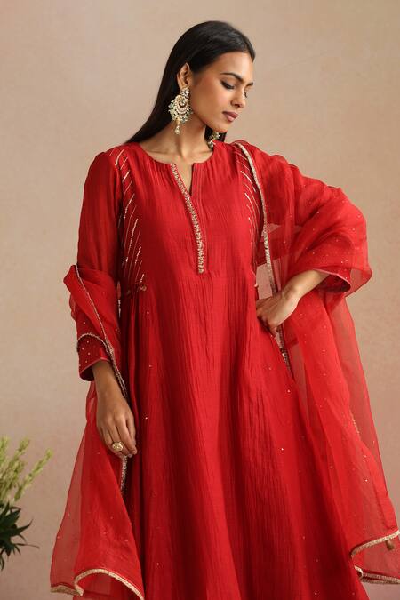 Shop_Trendy Tokari_Red Chanderi Silk, Cotton, Organza Embroidery, Sequins, Zari Hand Kurta Set _Online_at_Aza_Fashions