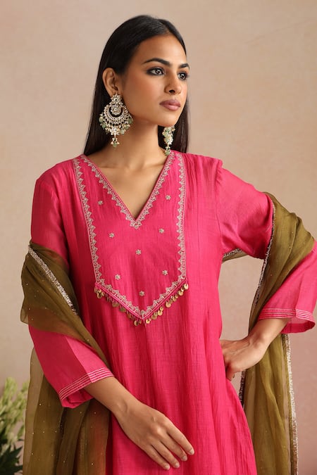 Shop_Trendy Tokari_Magenta Chanderi Silk, Cotton, Organza Embroidery, Hand Kurta And Pant Set _Online_at_Aza_Fashions