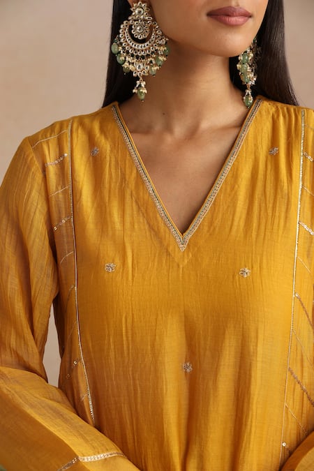 Trendy Tokari_Mustard Chanderi Silk, Cotton, Organza Embroidery, Sequins Hand Kurta Set _Online_at_Aza_Fashions