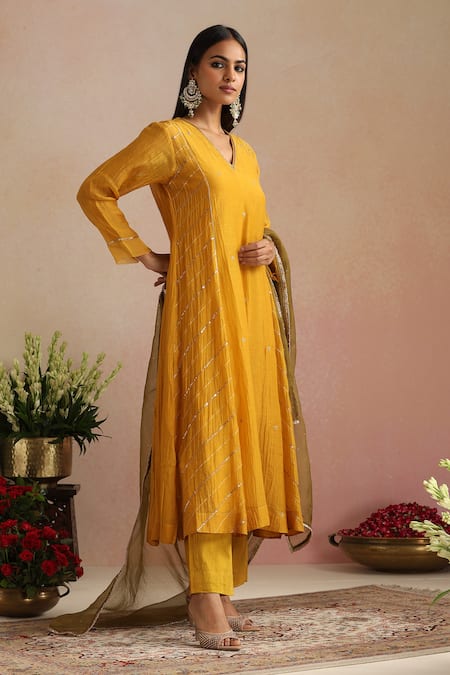 Trendy Tokari_Mustard Chanderi Silk, Cotton, Organza Embroidery, Sequins Hand Kurta Set _at_Aza_Fashions