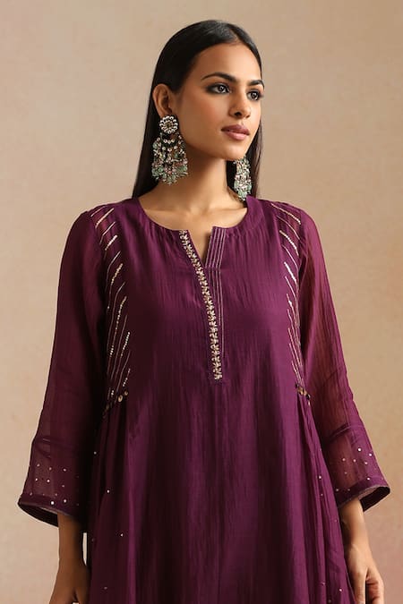 Buy_Trendy Tokari_Purple Chanderi Silk, Cotton, Organza Embroidery, Sequins Round Hand Kurta Set _Online_at_Aza_Fashions