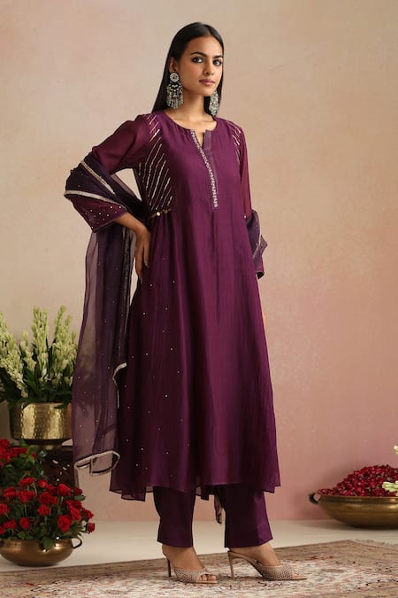 Shop_Trendy Tokari_Purple Chanderi Silk, Cotton, Organza Embroidery, Sequins Round Hand Kurta Set _Online_at_Aza_Fashions