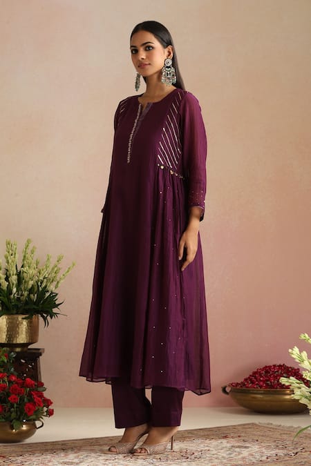 Trendy Tokari_Purple Chanderi Silk, Cotton, Organza Embroidery, Sequins Round Hand Kurta Set _at_Aza_Fashions
