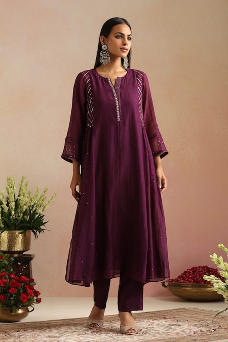 Buy_Trendy Tokari_Purple Chanderi Silk, Cotton, Organza Embroidery, Sequins Round Hand Kurta Set 
