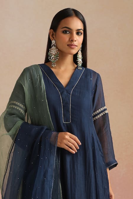Trendy Tokari Navy Chanderi Silk, Cotton, Organza Embroidery V-neck Hand Kurta Pant Set Online at Aza Fashions Trendy Tokari_Navy Chanderi Silk, Cotton, Organza Embroidery V-neck Hand Kurta Pant Set _Online_at_Aza_Fashions