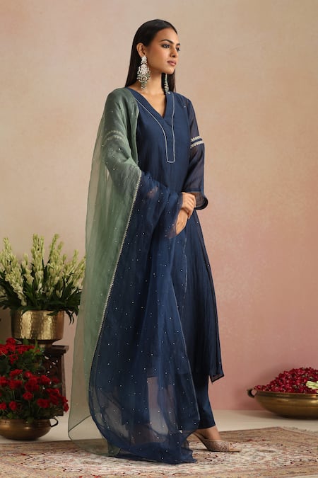Shop_Trendy Tokari_Navy Chanderi Silk, Cotton, Organza Embroidery V-neck Hand Kurta Pant Set _Online_at_Aza_Fashions