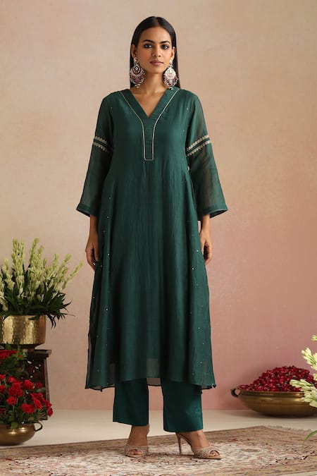 Shop_Trendy Tokari_Green Chanderi Silk, Cotton, Organza Embroidery Split V-neck Hand Kurta Set _Online_at_Aza_Fashions