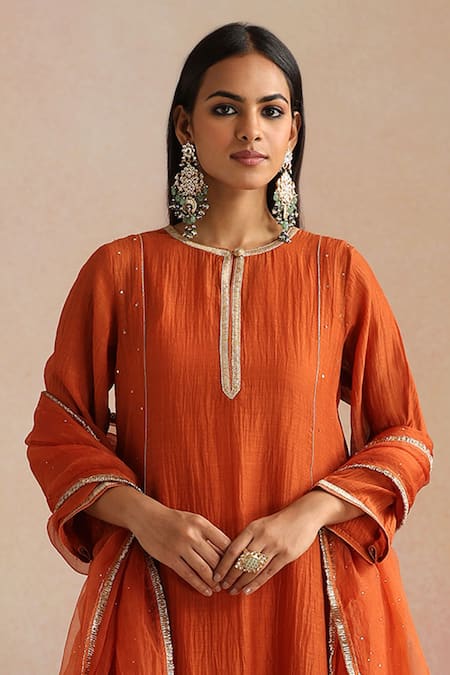 Trendy Tokari_Orange Silk, Chanderi, Cotton, Organza Embroidery Round Neck Burnt Kurta Set _Online_at_Aza_Fashions