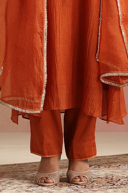 Buy_Trendy Tokari_Orange Silk, Chanderi, Cotton, Organza Embroidery Round Neck Burnt Kurta Set _Online_at_Aza_Fashions
