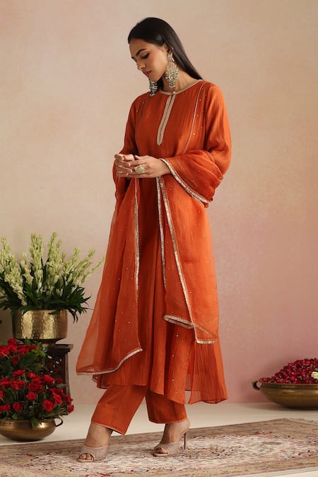 Trendy Tokari_Orange Silk, Chanderi, Cotton, Organza Embroidery Round Neck Burnt Kurta Set _at_Aza_Fashions