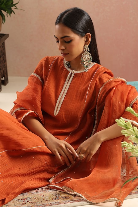Buy_Trendy Tokari_Orange Silk, Chanderi, Cotton, Organza Embroidery Round Neck Burnt Kurta Set 