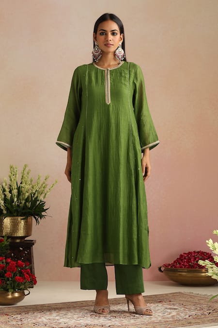 Buy_Trendy Tokari_Olive Green Silk, Cotton, Silk, Embroidery Hand Kurta Set _Online_at_Aza_Fashions
