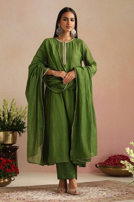 Shop_Trendy Tokari_Olive Green Silk, Cotton, Silk, Embroidery Hand Kurta Set _Online_at_Aza_Fashions