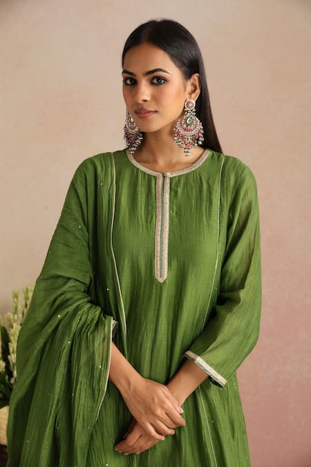 Trendy Tokari_Olive Green Silk, Cotton, Silk, Embroidery Hand Kurta Set _at_Aza_Fashions