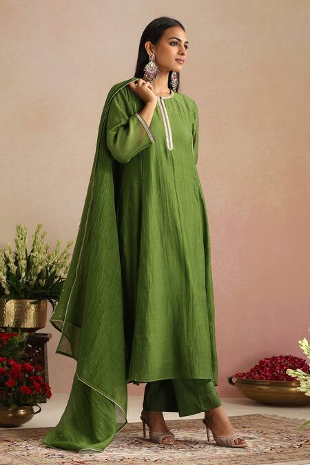 Buy_Trendy Tokari_Olive Green Silk, Cotton, Silk, Embroidery Hand Kurta Set 