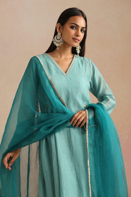Buy_Trendy Tokari_Aqua Chanderi Silk, Cotton, Organza Embroidery, Sequins Ice Blue Kurta Pant Set _Online_at_Aza_Fashions