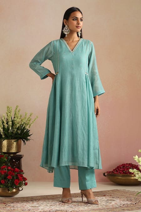 Shop_Trendy Tokari_Aqua Chanderi Silk, Cotton, Organza Embroidery, Sequins Ice Blue Kurta Pant Set _Online_at_Aza_Fashions