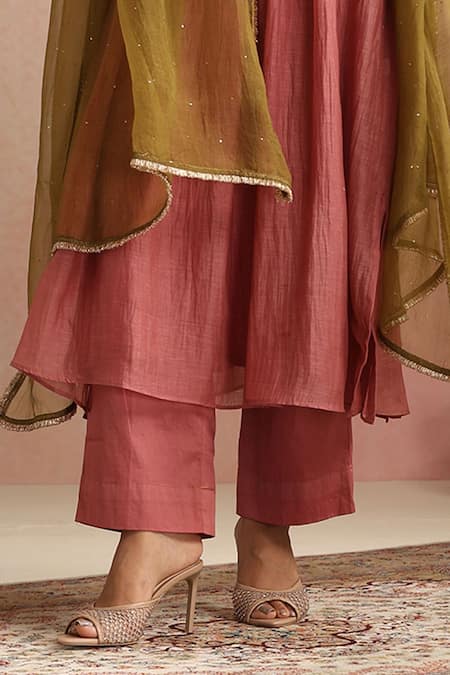 Buy_Trendy Tokari_Coral Chanderi Silk, Cotton, Organza Embroidery Split Hand Kurta Pant Set _Online_at_Aza_Fashions