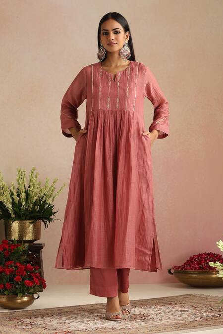 Shop_Trendy Tokari_Coral Chanderi Silk, Cotton, Organza Embroidery Split Hand Kurta Pant Set _Online_at_Aza_Fashions