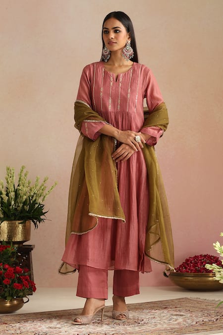 Trendy Tokari_Coral Chanderi Silk, Cotton, Organza Embroidery Split Hand Kurta Pant Set _at_Aza_Fashions