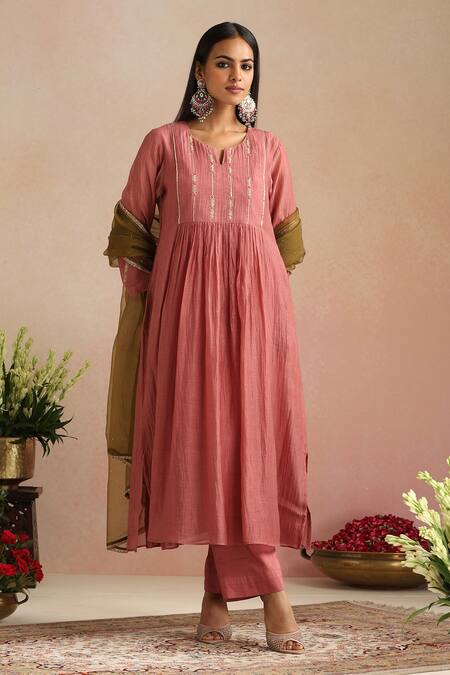 Buy_Trendy Tokari_Coral Chanderi Silk, Cotton, Organza Embroidery Split Hand Kurta Pant Set 