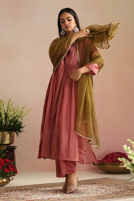 Shop_Trendy Tokari_Coral Chanderi Silk, Cotton, Organza Embroidery Split Hand Kurta Pant Set 