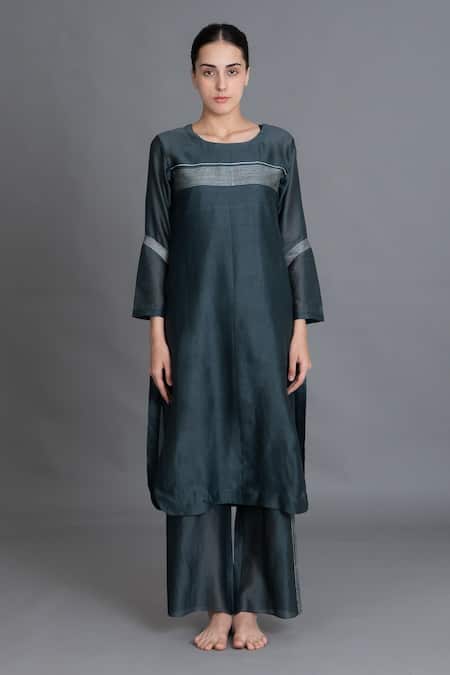 Khat Mint Chanderi Silk Embroidery Round Neck Kurta Pant Set